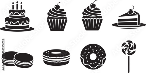 Sweet Dessert and Pastry Black Silhouette Icon Set