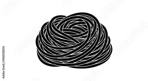 A complex intertwined mass of black lines forms an abstract organic shape against a white background silhouette