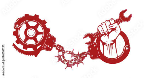 Industry Struggle: Handcuffs, Gears, Barbed Wire, and Wrench Symbolizing Labor Conflict