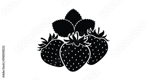 A cluster of three strawberries and leafy greens are depicted in a striking black and white silhouette