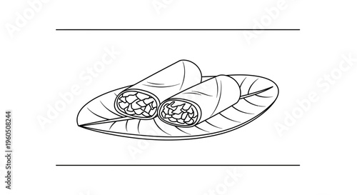 Spring Rolls on a Plate: Delicious Asian Appetizer, Hand-Drawn Line Art