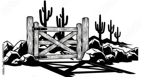 Rustic wooden gate in desert landscape with saguaro cacti and rocks