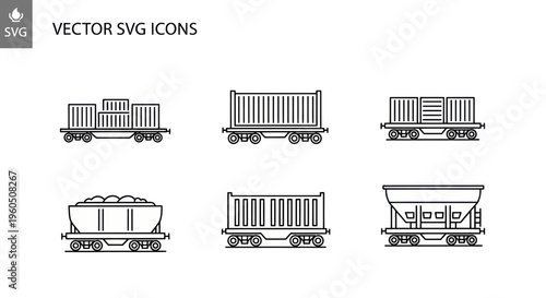 Vector SVG Icons: Freight Train Cars Collection - Cargo, Container, Hopper