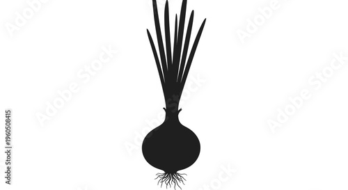 A striking black silhouette depicts a stylized onion with elongated leaves against a plain white background silhouette