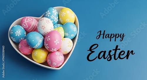 Colorful easter eggs in a heart shaped bowl on blue background
