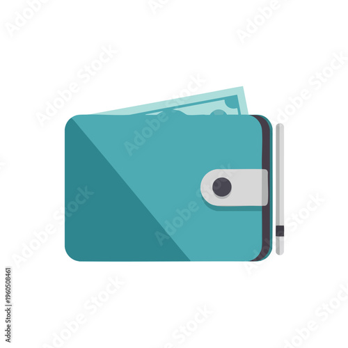 Flat teal wallet with cash sticking out and a dark gray trim
