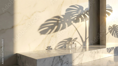 White marble podium with palm leaf shadows perfect for minimalist luxury product display concept and elegant summer cosmetic presentation