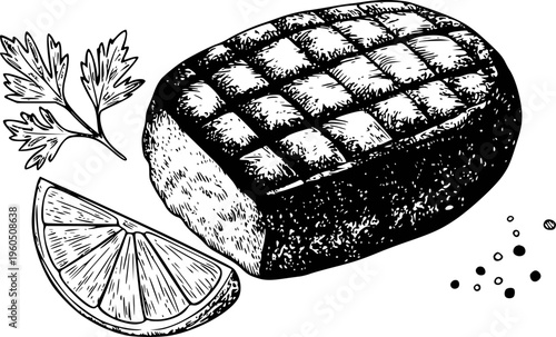 Hand Drawn Steak With Lemon Slice Parsley And Peppercorns White Background meat food