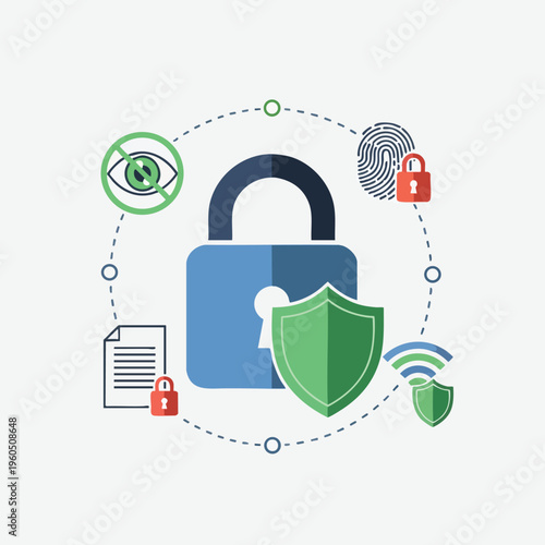 Digital security icons padlock, shield, fingerprint, eye, document, Wi-Fi