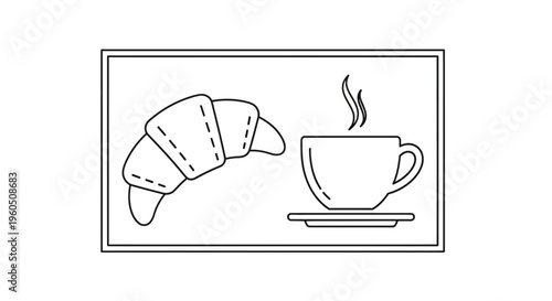 Simple line drawing of a croissant and a steaming cup of coffee on a saucer