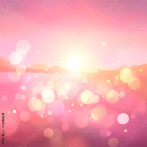 A serene and dreamy sunset over a body of water with bokeh effects
