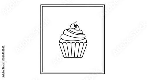 Simple Outline Icon of a Cupcake with Cherry on Top