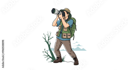 Nature photographer with backpack and camera, capturing wildlife in outdoor adventure