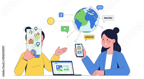 Global digital communication and travel planning concept