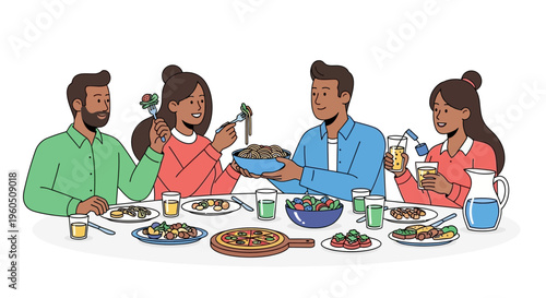 Diverse family enjoying a healthy meal together at a dining table, illustration