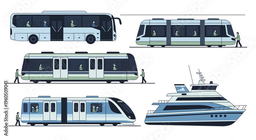 Diverse Public Transportation and Watercraft Collection: Bus, Tram, Metro, Yacht