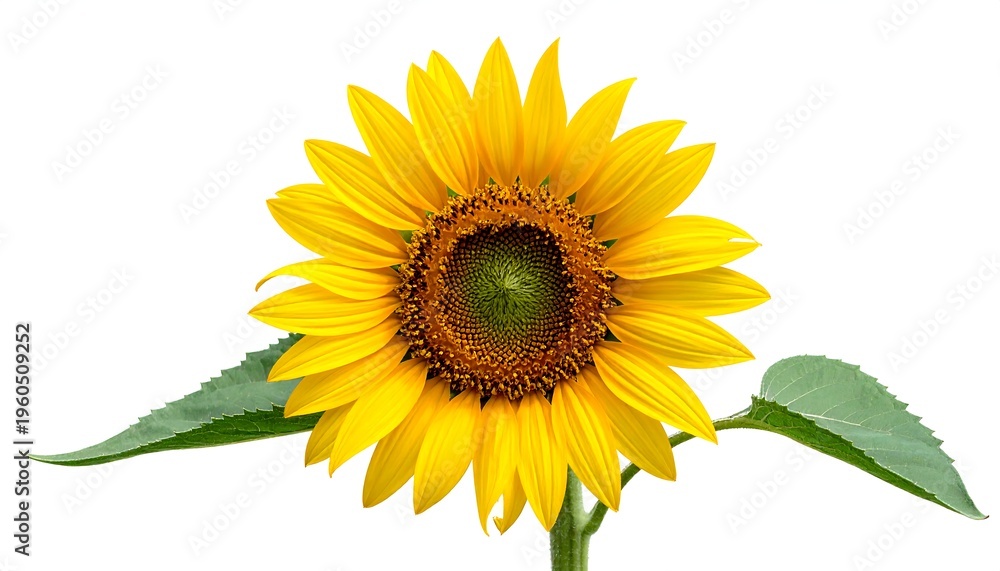 Fototapeta premium A vibrant sunflower with bright yellow petals and green leaves