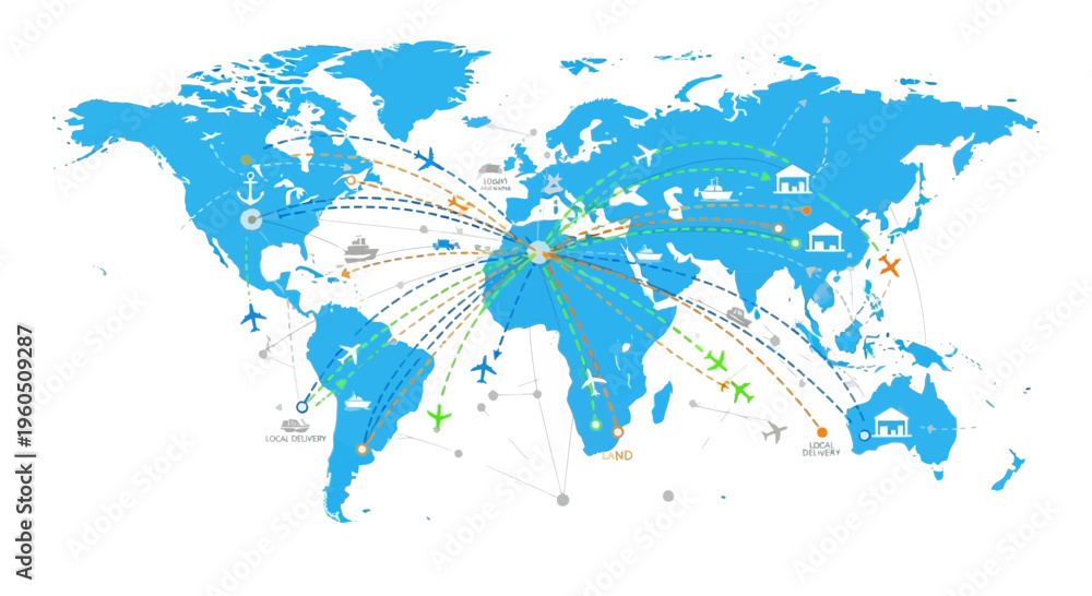 Fototapeta premium Global Travel Network: World Map with Flight Paths and Destination Icons