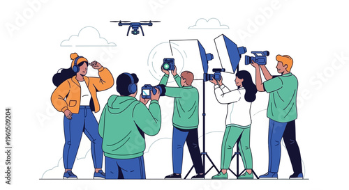 Filmmaking Crew Capturing Content with Drone, Cameras, and Lights
