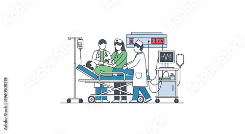 Medical Team Caring for Patient in Hospital Bed with IV Drip and Monitoring Equipment