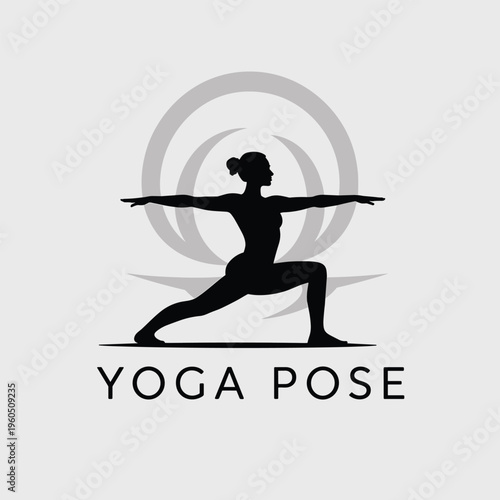 Yoga pose silhouette warrior posture wellness fitness illustration. Woman practicing yoga warrior pose minimal vector design.