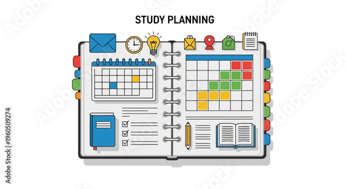 Study Planning: Open notebook with calendar, checklist, lightbulb, and icons on white background