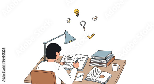 Student studying at desk with books, lamp, and idea icons floating above