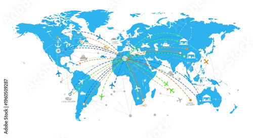 Global Travel Network: World Map with Flight Paths and Destination Icons