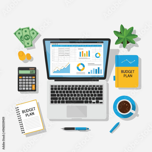Laptop displaying charts, calculator, notepad, money, coins, coffee, plant, pen, crayon