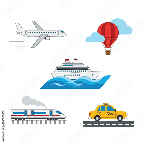 An airplane, hot air balloon, cruise ship, train, and taxi on a white background