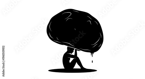 Depressed Person Silhouette Carrying Heavy Brain Concept, Mental Health Burden and Psychological Stress Illustration, Emotional Burnout, Anxiety and Depression Awareness, Overwhelmed Mind Design
