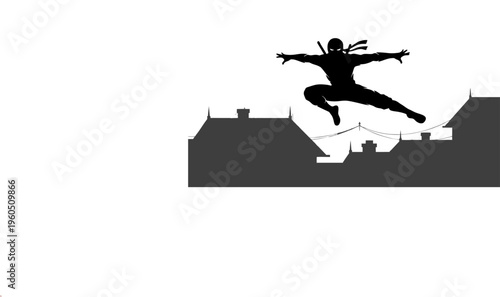 Silhouette of Ninja Leap Over Village Houses