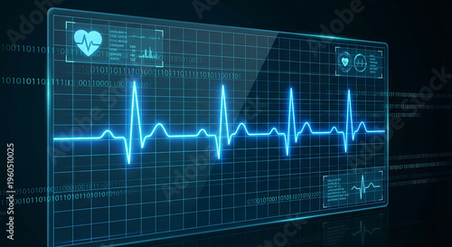 Digital screen showing glowing blue heartbeat EKG line perfect for modern medical healthcare concept and urgent hospital life support presentation