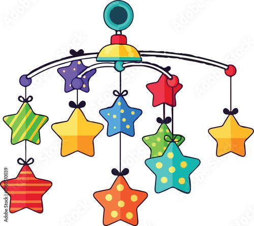 Colorful Baby Crib Mobile Vector Illustration with Hanging Stars, Nursery Decor Element Isolated on White Background