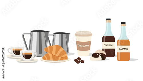 A delicious breakfast spread featuring coffee, croissants, and flavored syrups