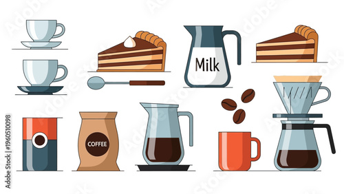 Collection of coffee and dessert items including cups, cakes, milk jug, coffee beans, and brewing equipment