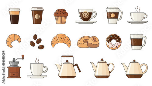 Assortment of coffee, tea, and baked goods featuring cups, pots, pastries, and coffee beans