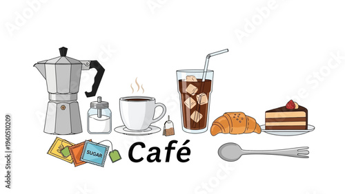 A delightful assortment of cafe beverages and pastries, including coffee, tea, and a sweet treat