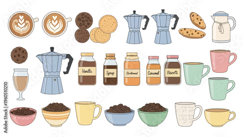 A delightful assortment of coffee beverages, cookies, and coffee-making equipment, perfect for cafes and culinary themes