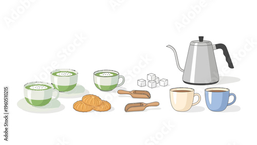 A refreshing collection of hot beverages, sugar cubes, and baked goods perfect for a cozy break