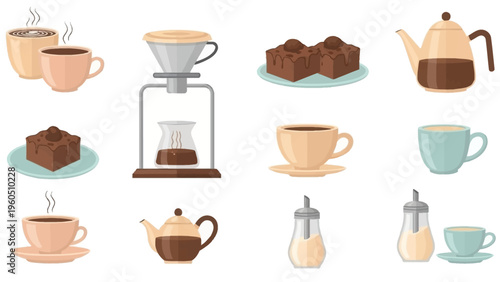 Collection of coffee and tea beverages and related items, perfect for café or beverage business branding