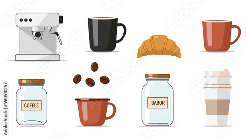 A collection of coffee-related items including a coffee maker, cups, beans, croissant, and takeaway cup