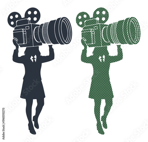Filmmaker silhouette holding vintage camera above head, celebrating movie creation