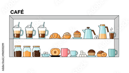 A delightful collection of café items, including pastries, coffee drinks, and accessories, displayed on shelves
