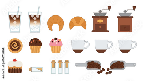 Coffee shop essentials illustrations of drinks, pastries, and brewing equipment