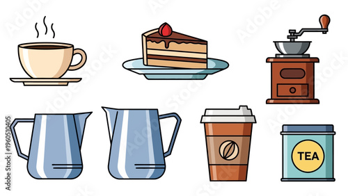 Collection of coffee and tea related items including a slice of cake, cups, and a coffee grinder