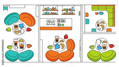 Cozy coffee shop interior design with comfortable seating and beverage station