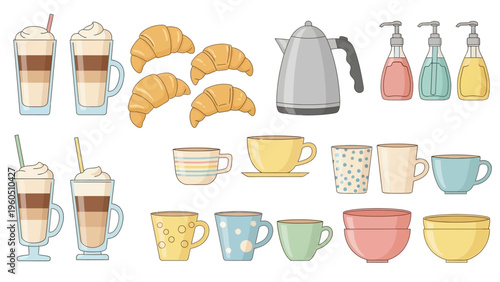 Collection of coffee drinks, pastries, and kitchenware, including cups, bowls, and dispensers