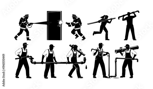 Dynamic firefighter and plumber silhouettes with action poses men and women service workers vector set