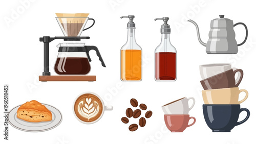 Collection of coffee brewing equipment, roasted beans, pastries, and beverages in cups for cafe and restaurant concepts